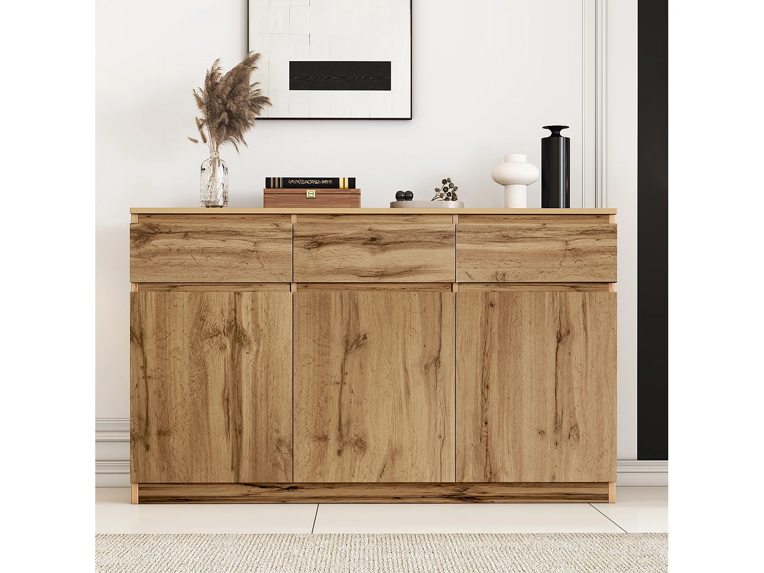 Buffet salle à manger 3 portes 3 tiroirs - meuble de rangement en bois - marron (135x40x81 cm)