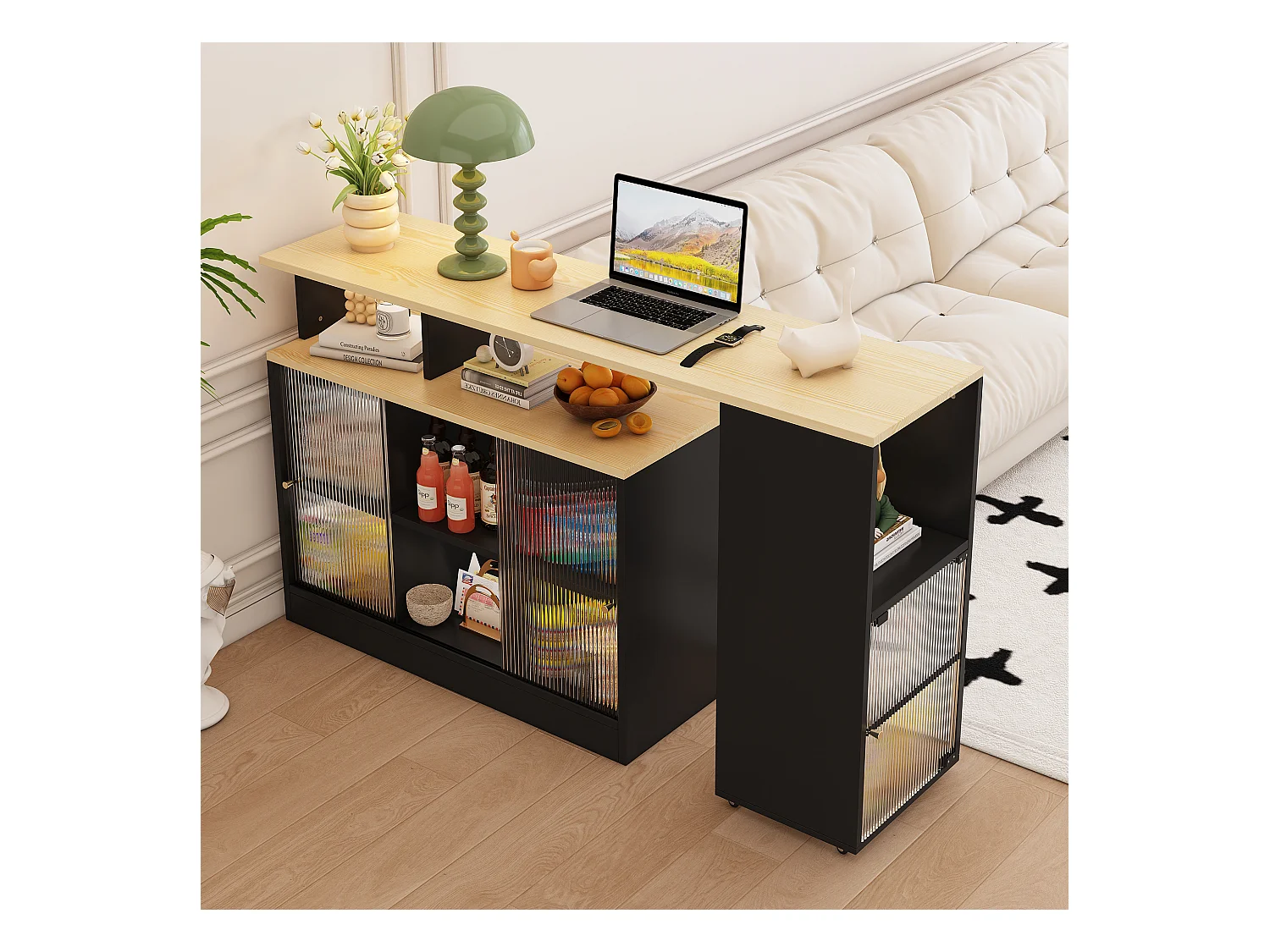 Table de bar pivotant 2 portes en verre buffet en bois avec plateau extensible - meuble de rangement - noir (155x40x90 cm)