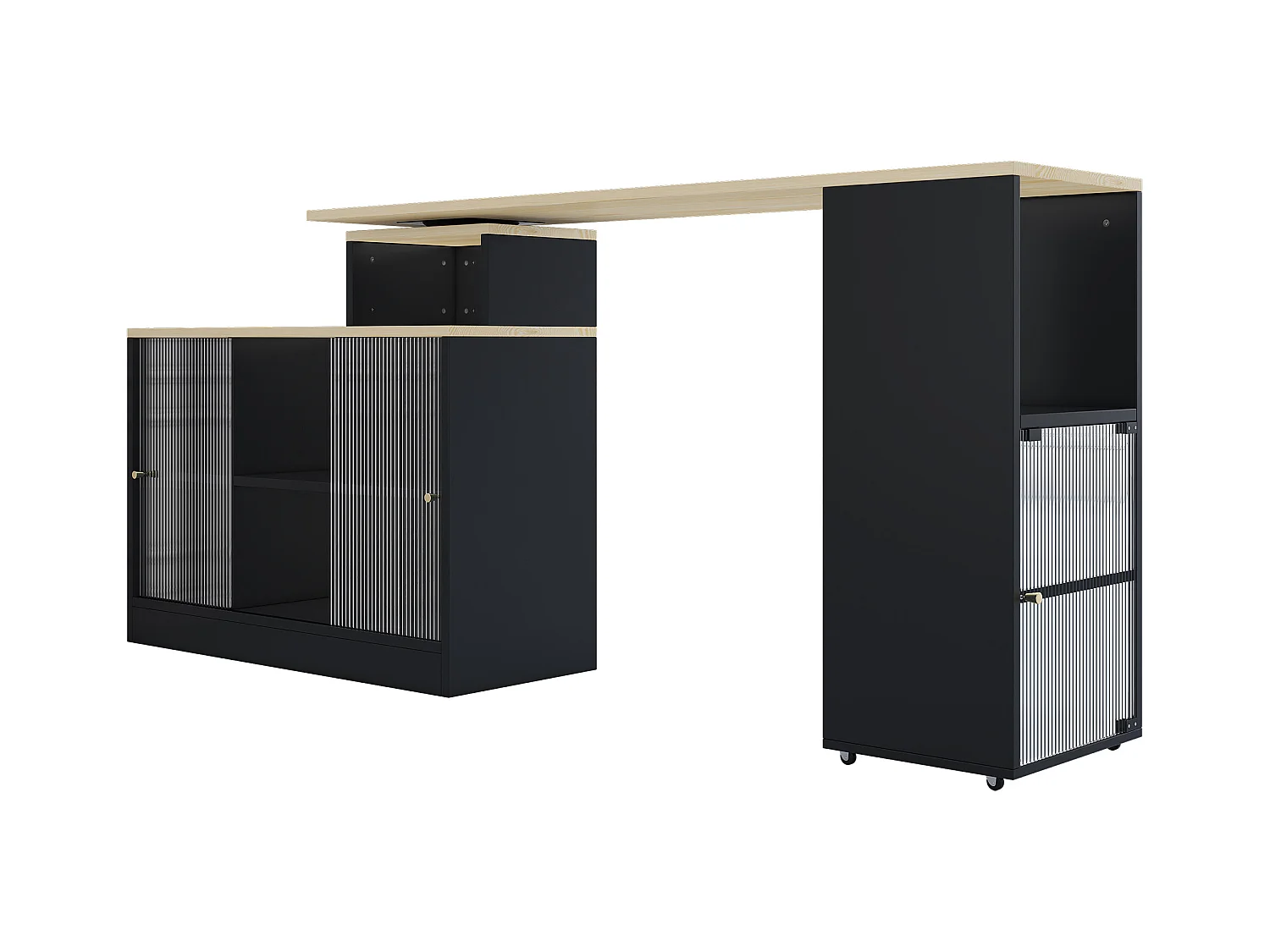 Table de bar pivotant 2 portes en verre buffet en bois avec plateau extensible - meuble de rangement - noir (155x40x90 cm)