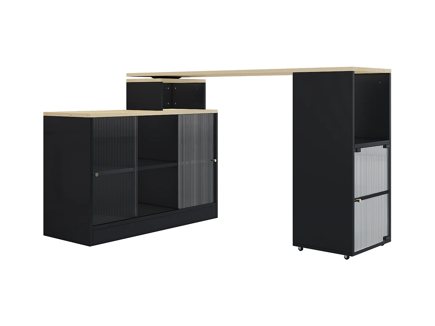 Table de bar pivotant 2 portes en verre buffet en bois avec plateau extensible - meuble de rangement - noir (155x40x90 cm)