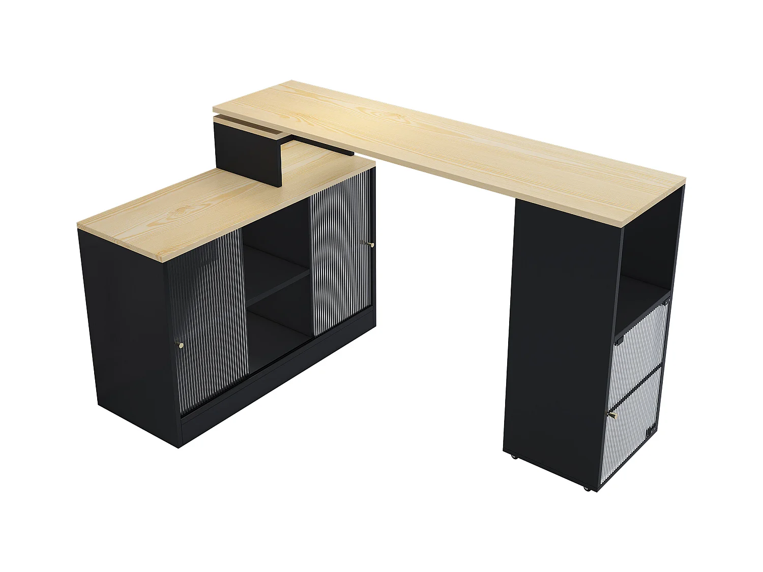 Table de bar pivotant 2 portes en verre buffet en bois avec plateau extensible - meuble de rangement - noir (155x40x90 cm)