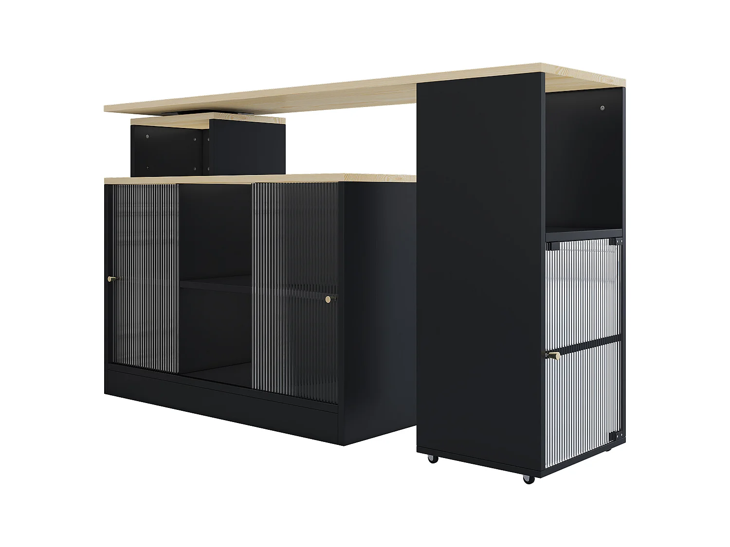 Table de bar pivotant 2 portes en verre buffet en bois avec plateau extensible - meuble de rangement - noir (155x40x90 cm)