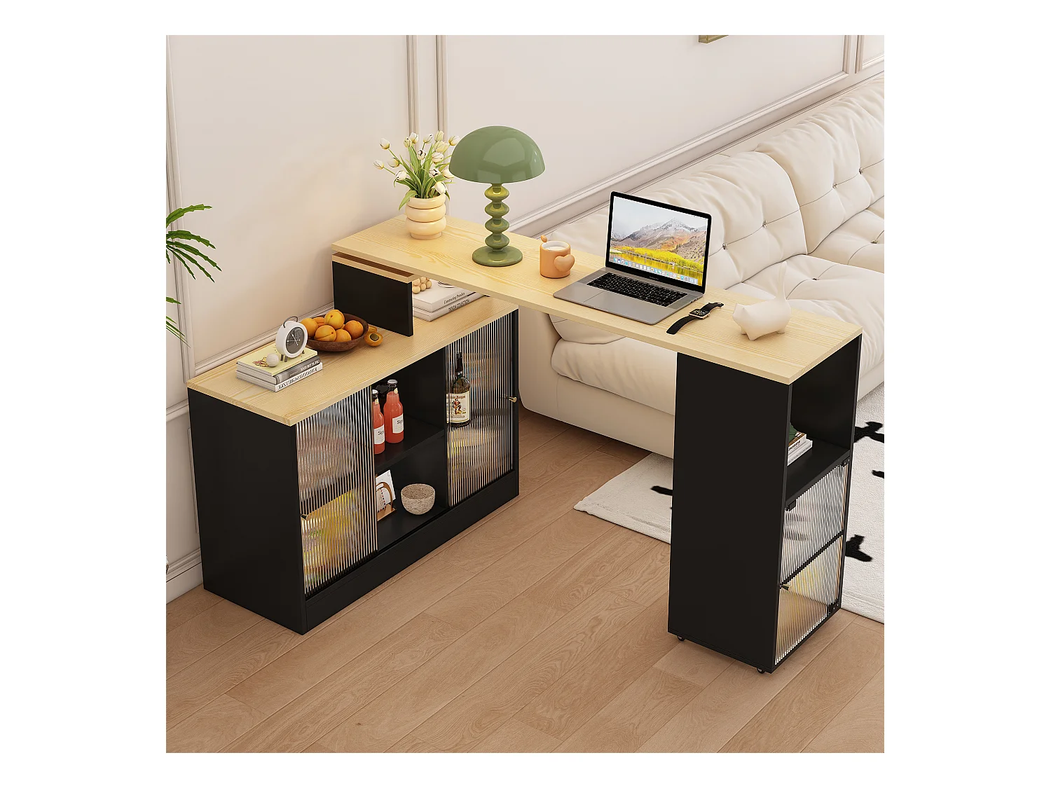 Table de bar pivotant 2 portes en verre buffet en bois avec plateau extensible - meuble de rangement - noir (155x40x90 cm)