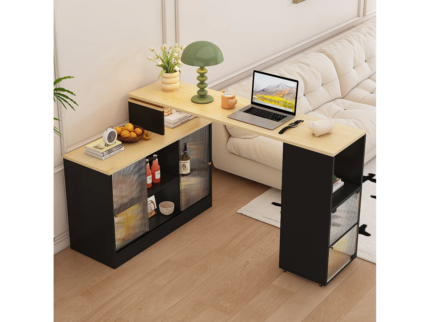 Table de bar pivotant 2 portes en verre buffet en bois avec plateau extensible - meuble de rangement - noir (155x40x90 cm)