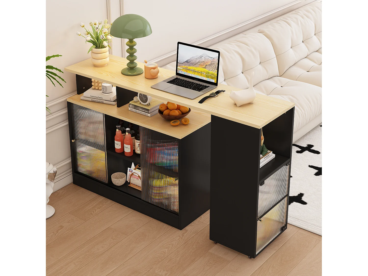 Table de bar pivotant 2 portes en verre buffet en bois avec plateau extensible - meuble de rangement - noir (155x40x90 cm)