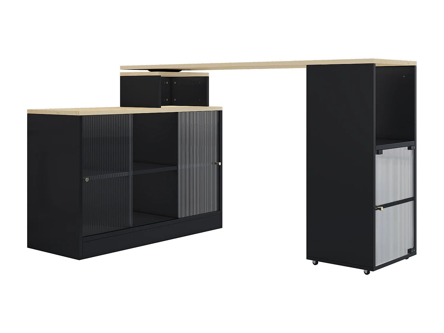 Table de bar pivotant 2 portes en verre buffet en bois avec plateau extensible - meuble de rangement - noir (155x40x90 cm)