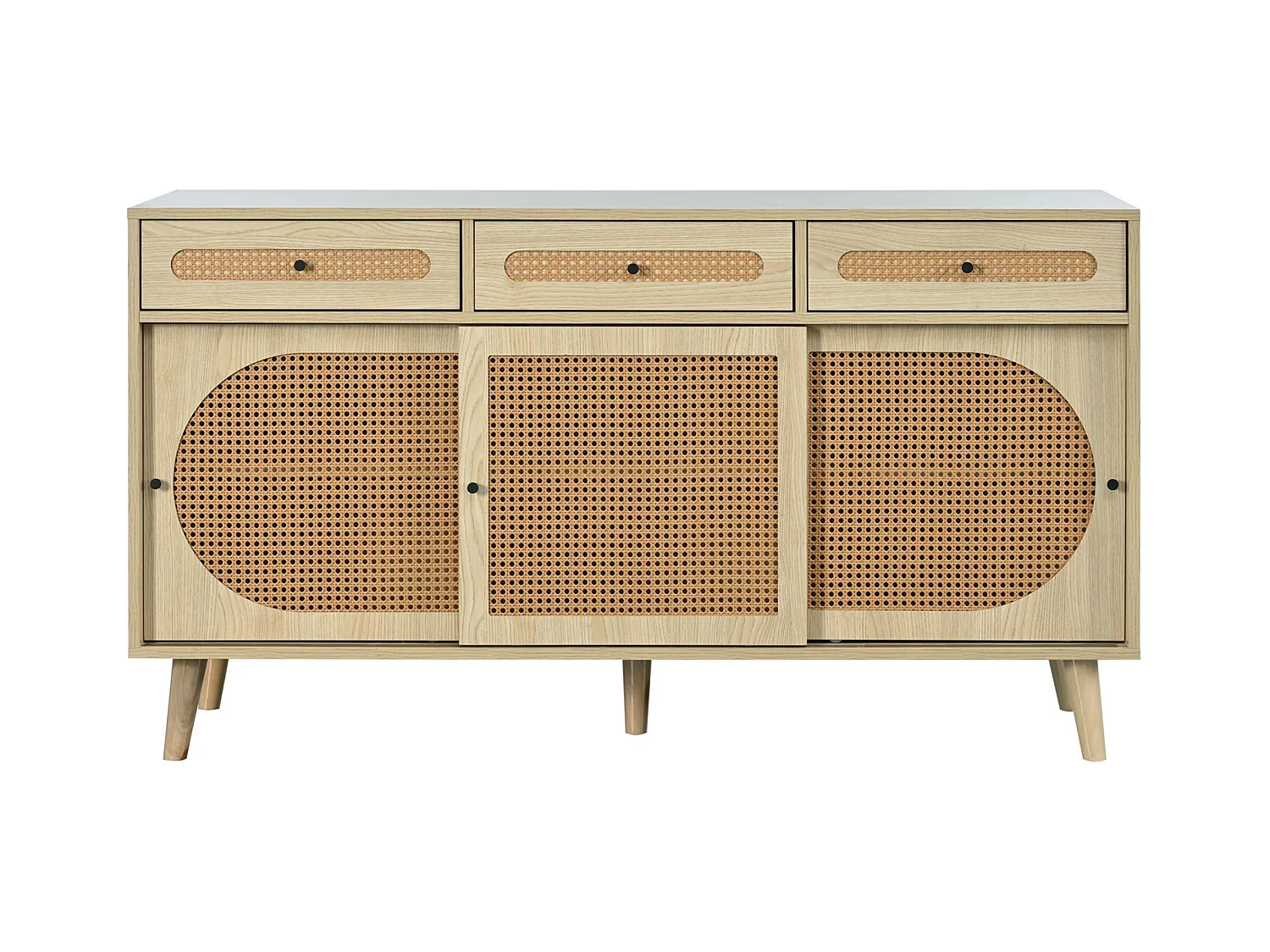 Buffet salle à manger 3 portes coulissantes en rotin 3 tiroirs - meuble de rangement en bois - chêne (140x40x78 cm)
