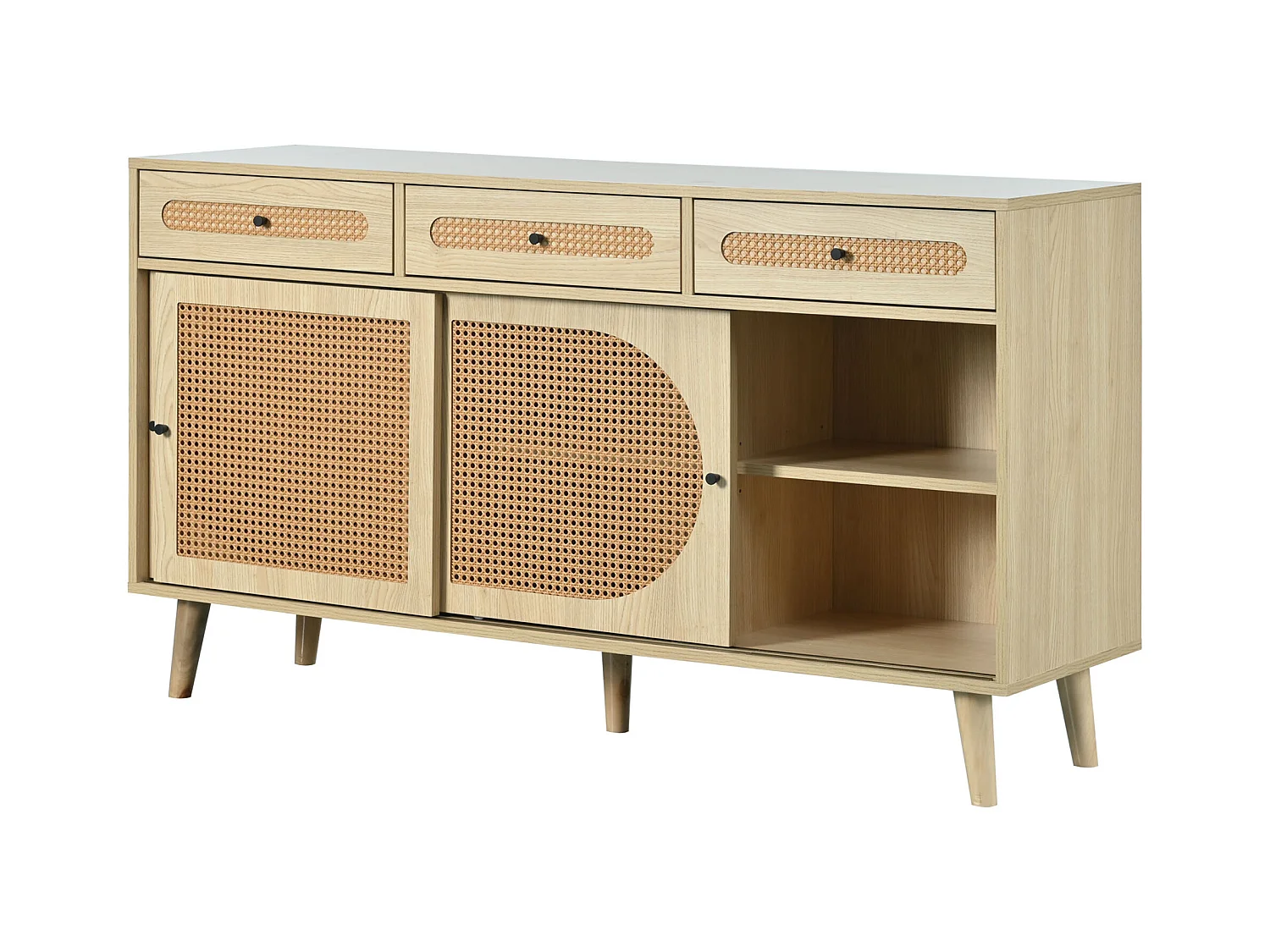 Buffet salle à manger 3 portes coulissantes en rotin 3 tiroirs - meuble de rangement en bois - chêne (140x40x78 cm)