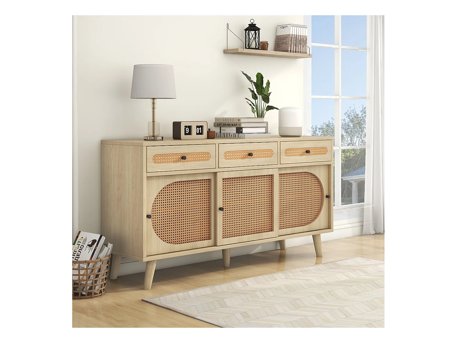 Buffet salle à manger 3 portes coulissantes en rotin 3 tiroirs - meuble de rangement en bois - chêne (140x40x78 cm)