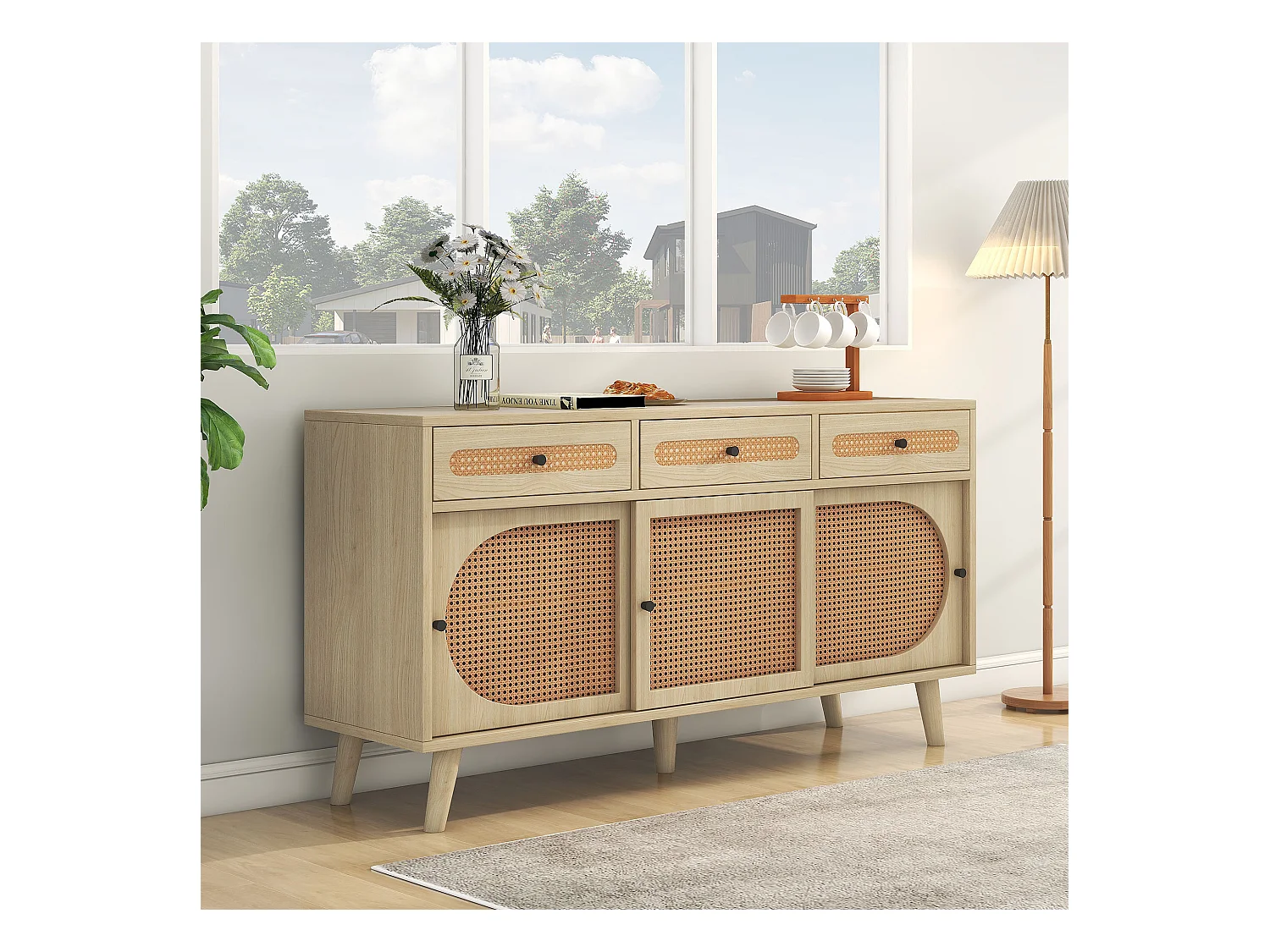 Buffet salle à manger 3 portes coulissantes en rotin 3 tiroirs - meuble de rangement en bois - chêne (140x40x78 cm)