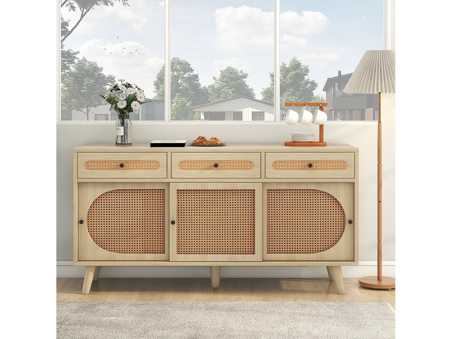 Buffet salle à manger 3 portes coulissantes en rotin 3 tiroirs - meuble de rangement en bois - chêne (140x40x78 cm)