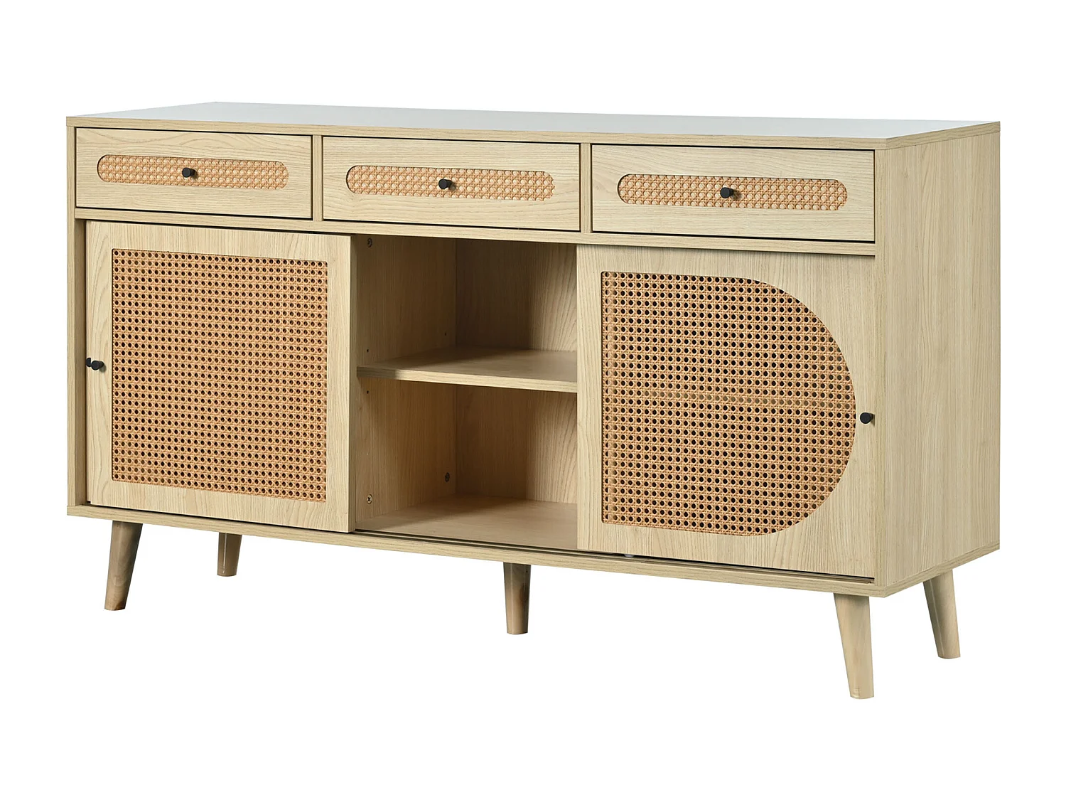 Buffet salle à manger 3 portes coulissantes en rotin 3 tiroirs - meuble de rangement en bois - chêne (140x40x78 cm)