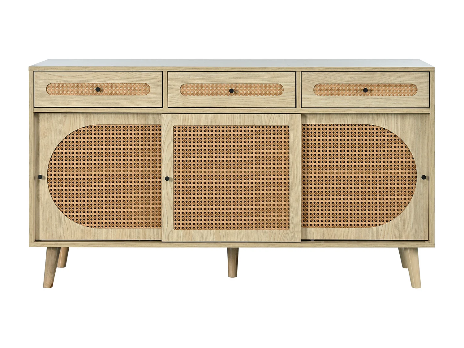 Buffet salle à manger 3 portes coulissantes en rotin 3 tiroirs - meuble de rangement en bois - chêne (140x40x78 cm)
