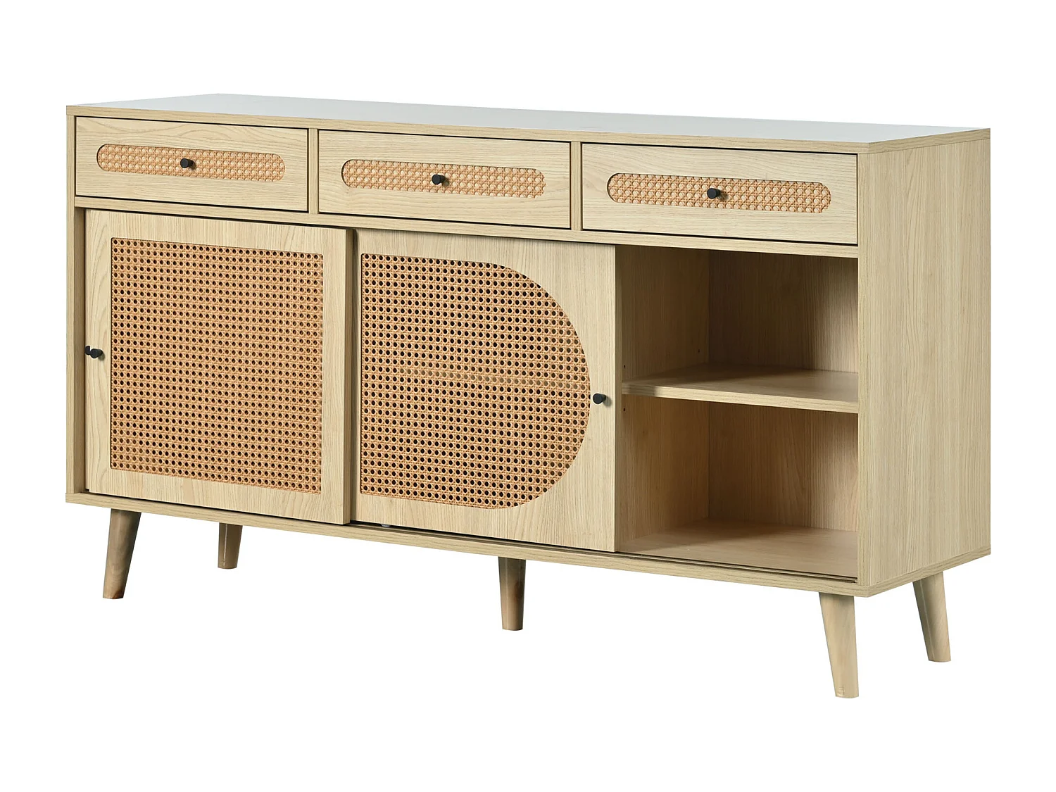 Buffet salle à manger 3 portes coulissantes en rotin 3 tiroirs - meuble de rangement en bois - chêne (140x40x78 cm)