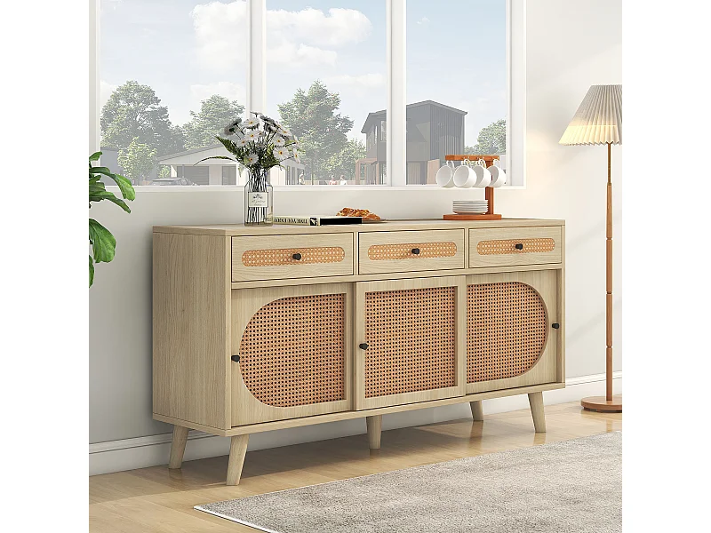 Eetkamer dressoir met 3 schuifdeuren in rotan en 3 laden - houten opbergmeubel - eiken (140x40x78 cm)