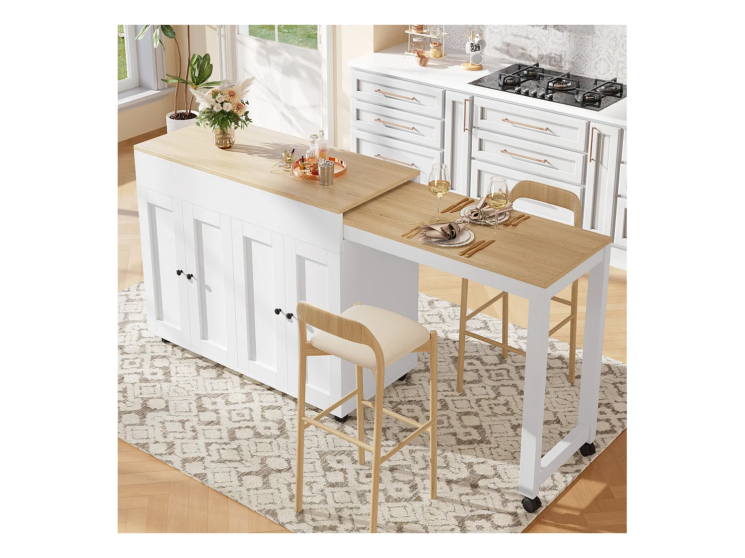 Table de bar 4 portes Îlot de cuisine en bois avec plateau extensible (118-180)x50x94 cm - blanc