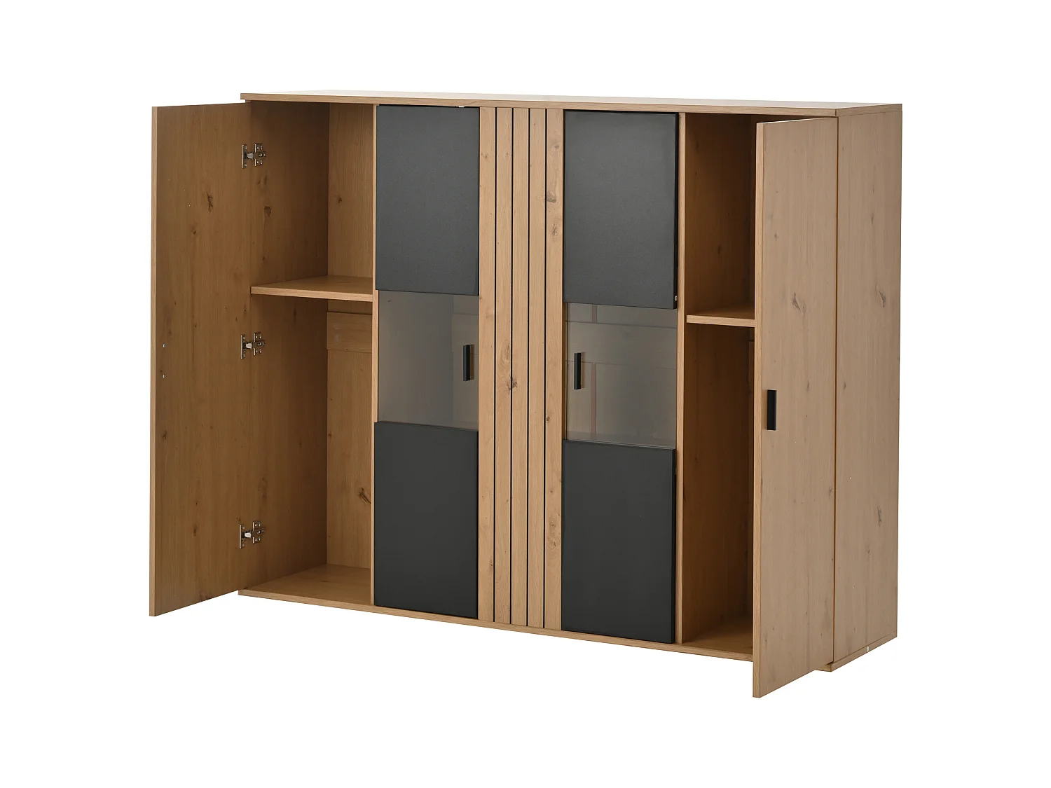 Buffet salle à manger LED 4 portes - verre décoratifet et étagères réglables - bois - marron + noir (140x35x113 cm)