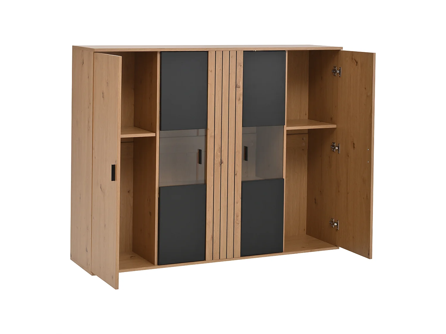 Buffet salle à manger LED 4 portes - verre décoratifet et étagères réglables - bois - marron + noir (140x35x113 cm)