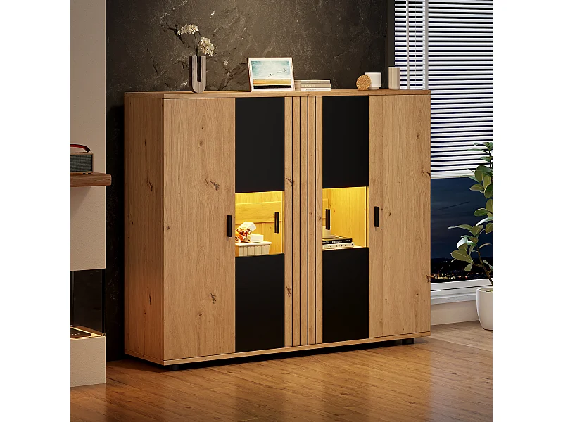 Buffet salle à manger LED 4 portes - verre décoratifet et étagères réglables - bois - marron + noir (140x35x113 cm)