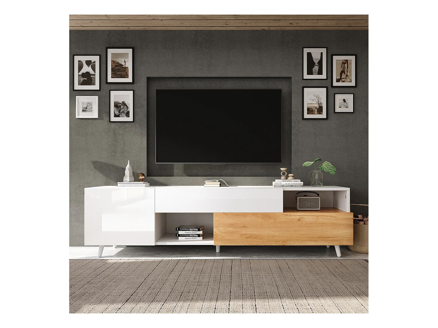 Witte tv-kast met 2 deuren en 1 opberglade - houten poten - 180x38x50 cm