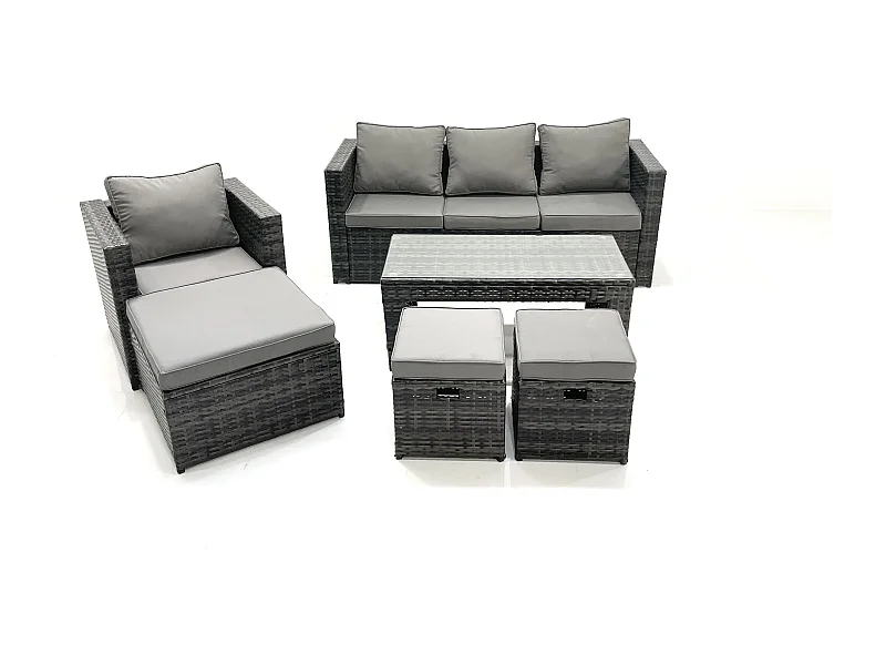 Salon de jardin Ensemble de canapés en rotin avec Table basse Fauteuil 3 Tabourets Gris foncé mixte