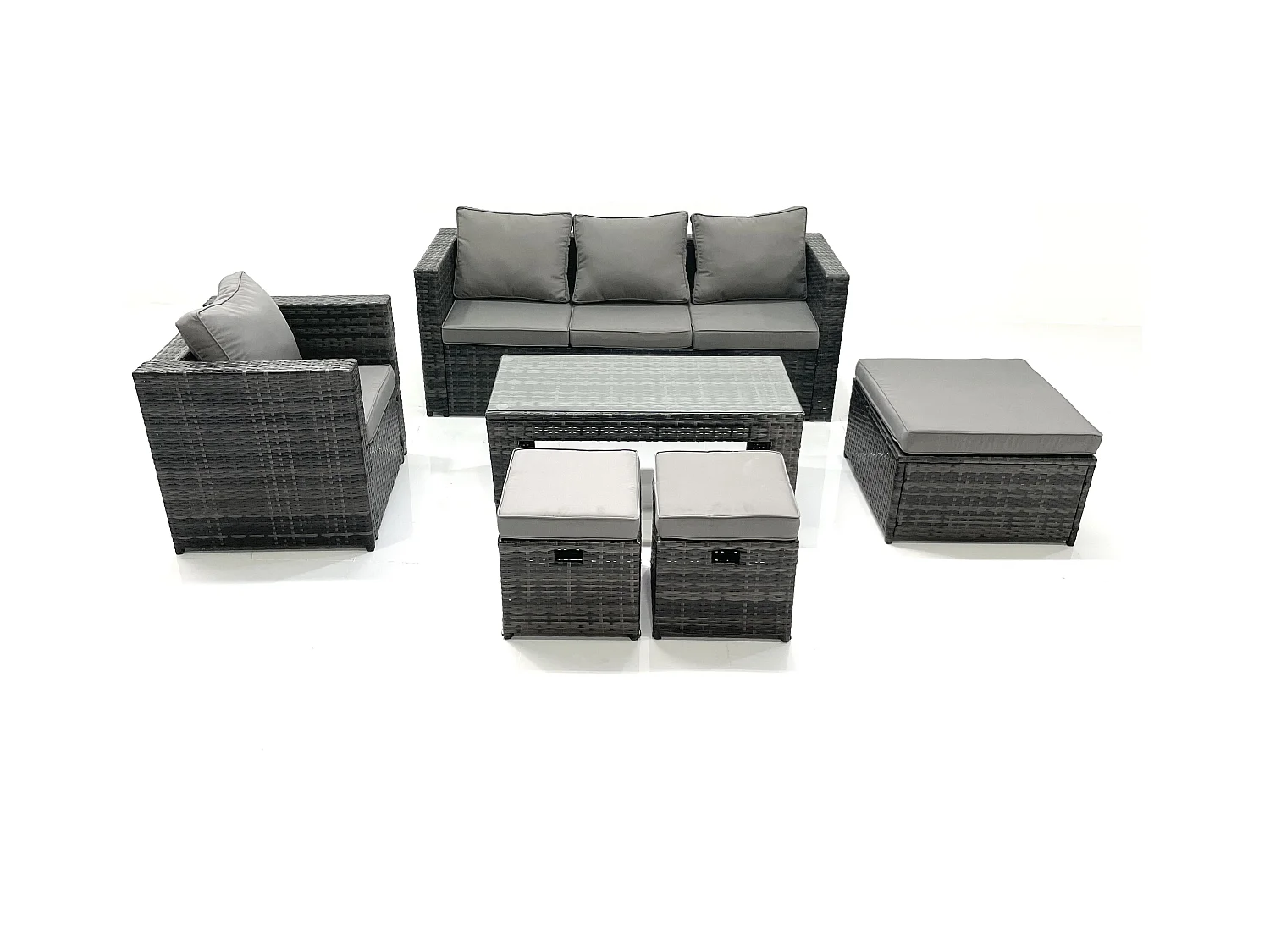 Salon de jardin Ensemble de canapés en rotin avec Table basse Fauteuil 3 Tabourets Gris foncé mixte