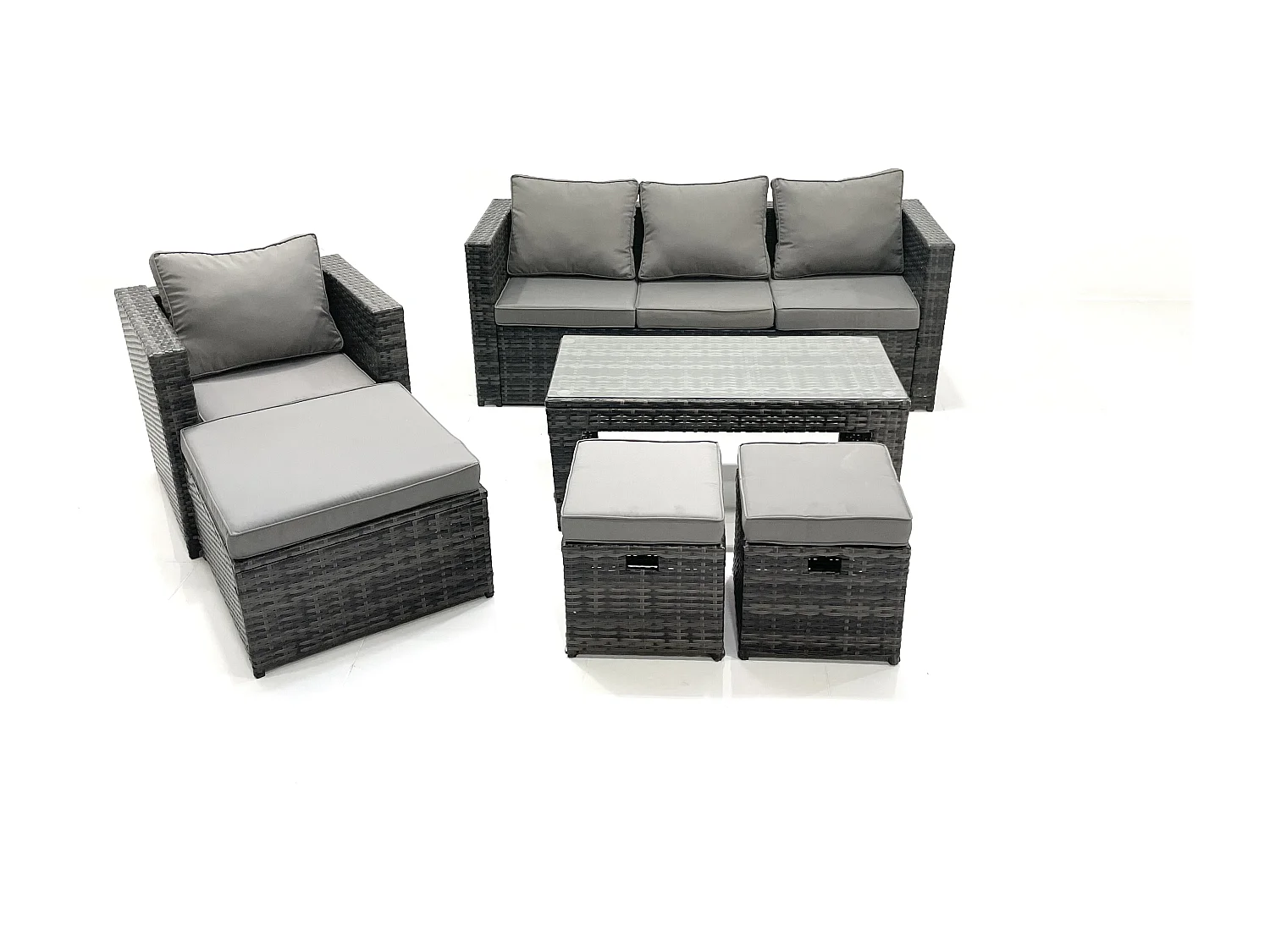Fimous Rattan Garden Furniture Set Outdoor Lounger Sofa with Coffee Table Armchair 3 Footstools Dark Grey Mixed