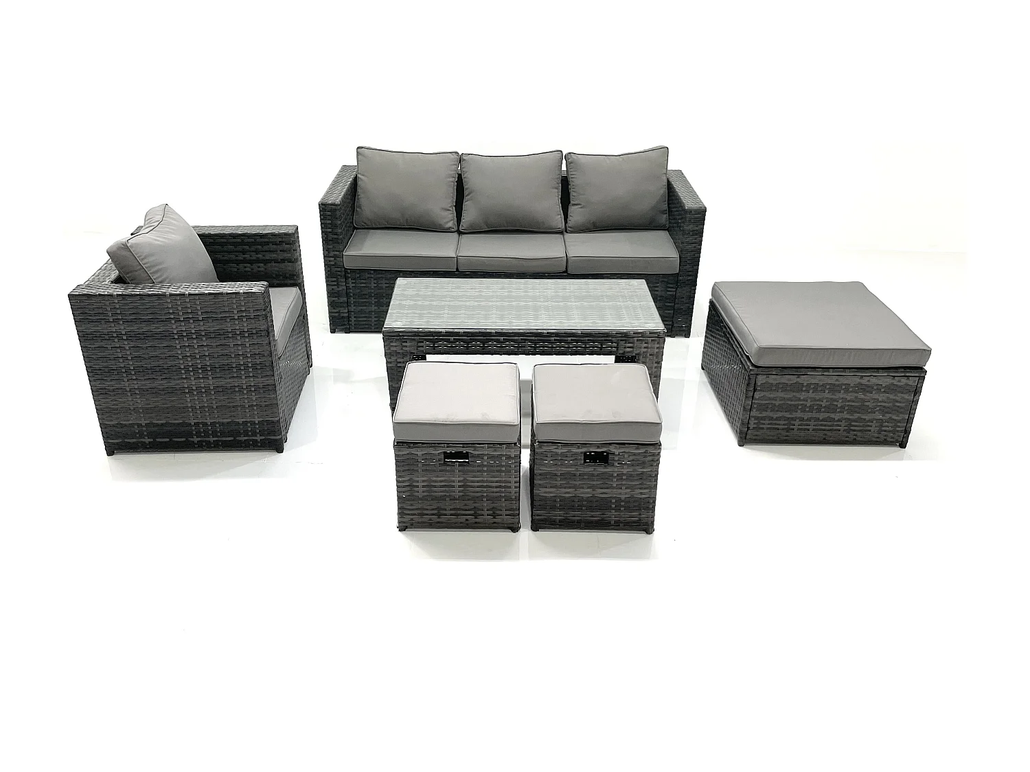 Fimous Rattan Garden Furniture Set Outdoor Lounger Sofa with Coffee Table Armchair 3 Footstools Dark Grey Mixed