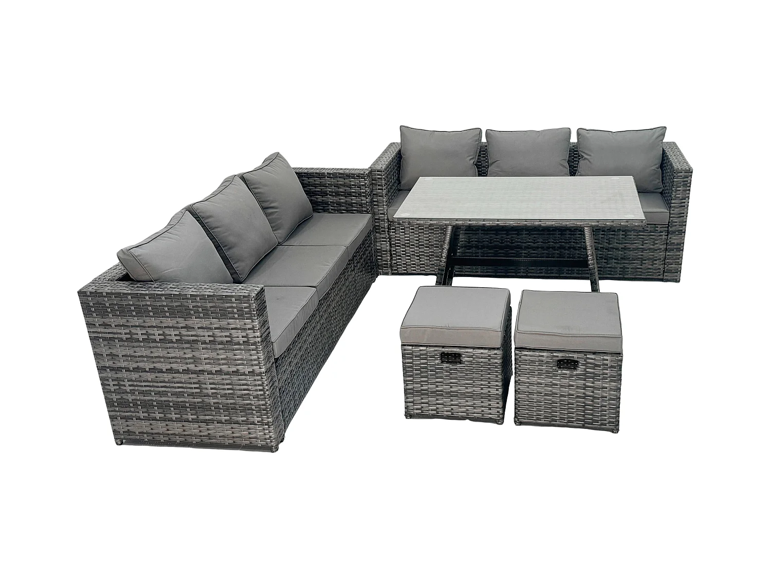 8-Sitzer Lounge Rattan Sofa Set mit Esstisch Beistelltisch Hockern Gartenmöbel