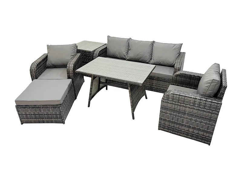Hoher Rücken Rattan Gartenmöbel Sets mit Rechteckiger Esstisch Liegestühle 3-Sitzer Sofa 2 Großer Hockern Beistelltisch