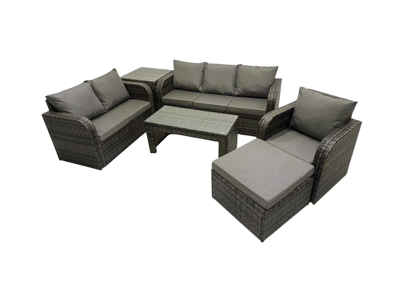 7 places Salon de jardin exterieur Ensemble de canapés en rotin avec Table basse rectangulaire Chaise inclinable Grand tabouret Table d'appoint Gris foncé mixte