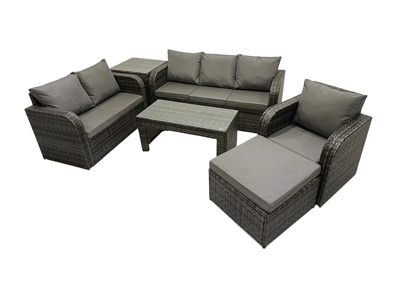 7-Sitzer Polyrattan Gartenmöbelset Rattan Lounge Sofa Set mit Rechteckiger Couchtisch Liegestühle 2 Großer Hockern Beistelltisch Dunkelgrau Gemischt