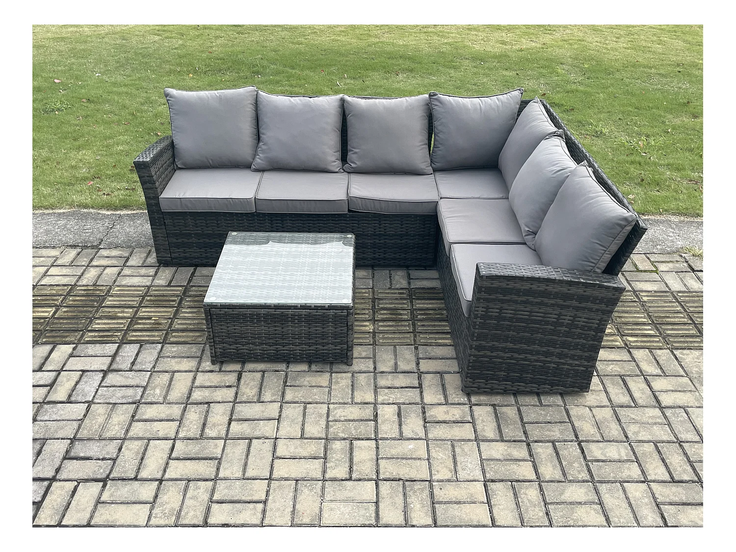 6 places Ensemble de meubles de jardin en polyrotin avec Canapé d'angle à dossier haut Fauteuil Table basse carrée