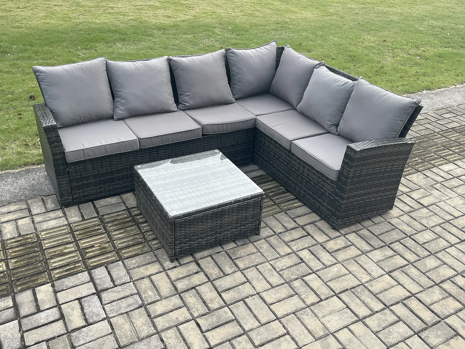 6-Sitzer Polyrattan Gartenmöbel-Set Hochlehniges Rattan-Ecksofa Set mit Sessel Quadratischer Couchtisch