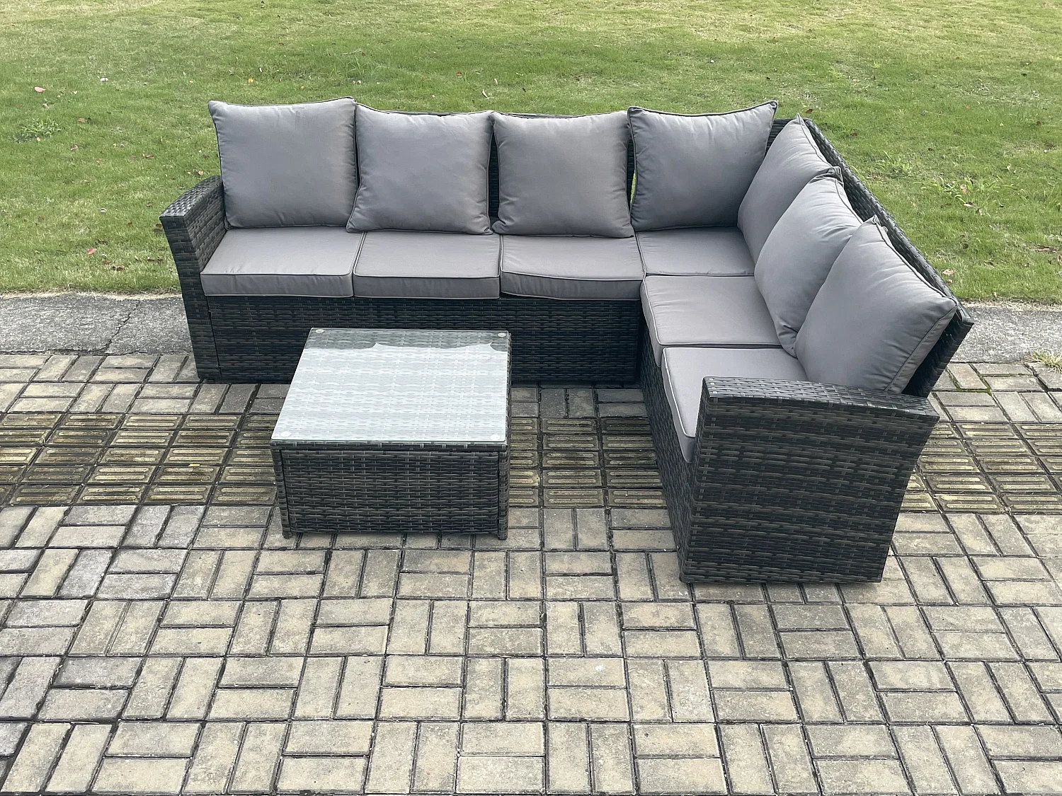 6-Sitzer Polyrattan Gartenmöbel-Set Hochlehniges Rattan-Ecksofa Set mit Sessel Quadratischer Couchtisch