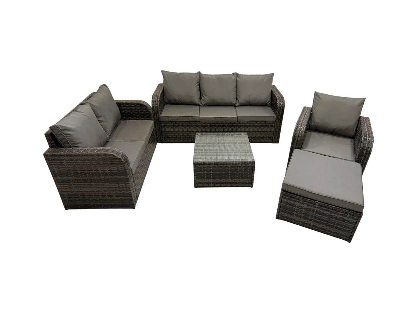 Rattan-Gartenmöbel 5 Stück Terrassenset mit Tisch und Sofa Quadratischer Couchtisch Liegestühle Loveseat sofa 2 Großer Hockern