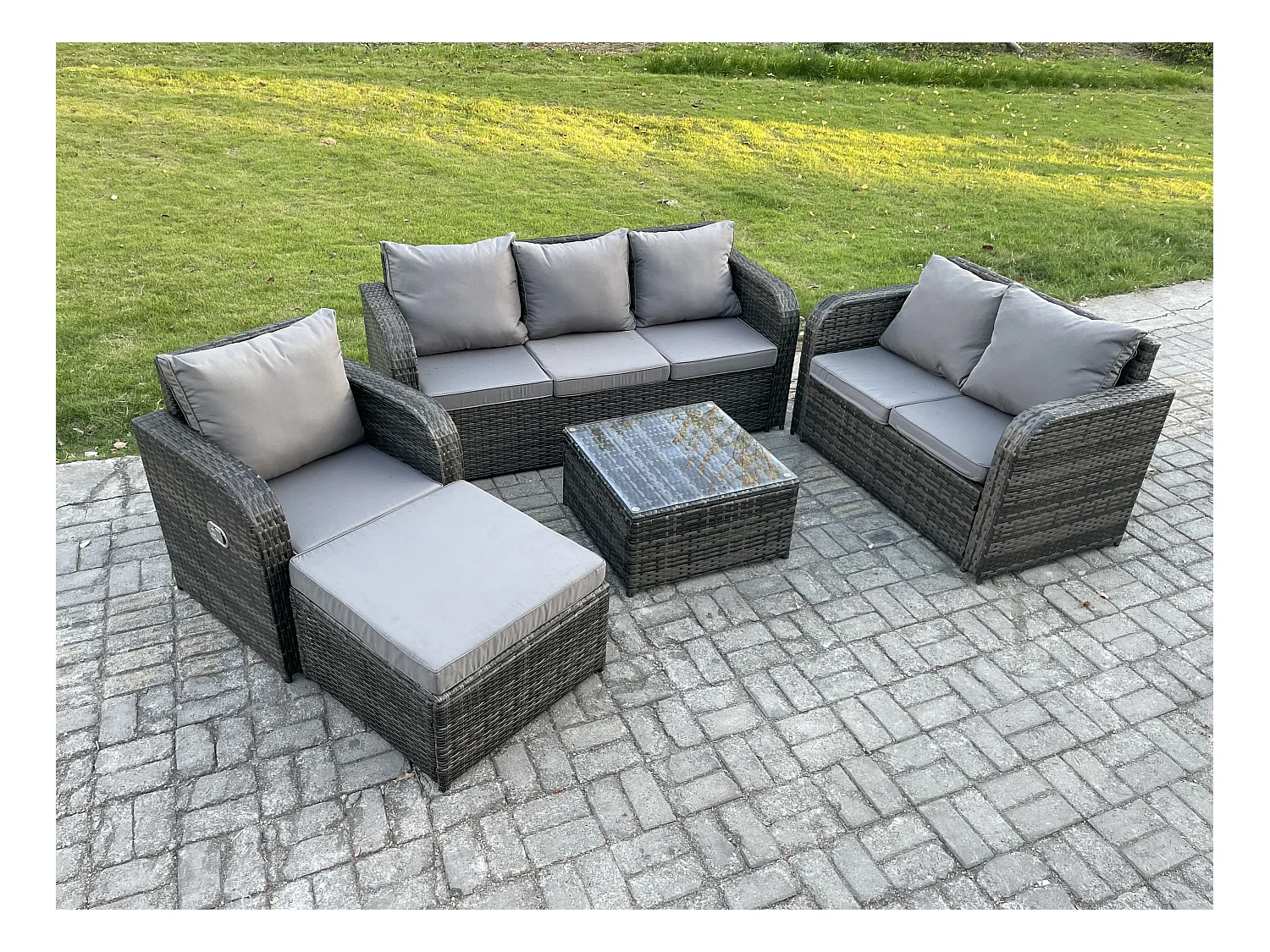 Rattan-Gartenmöbel 5 Stück Terrassenset mit Tisch und Sofa Quadratischer Couchtisch Liegestühle Loveseat sofa 2 Großer Hockern