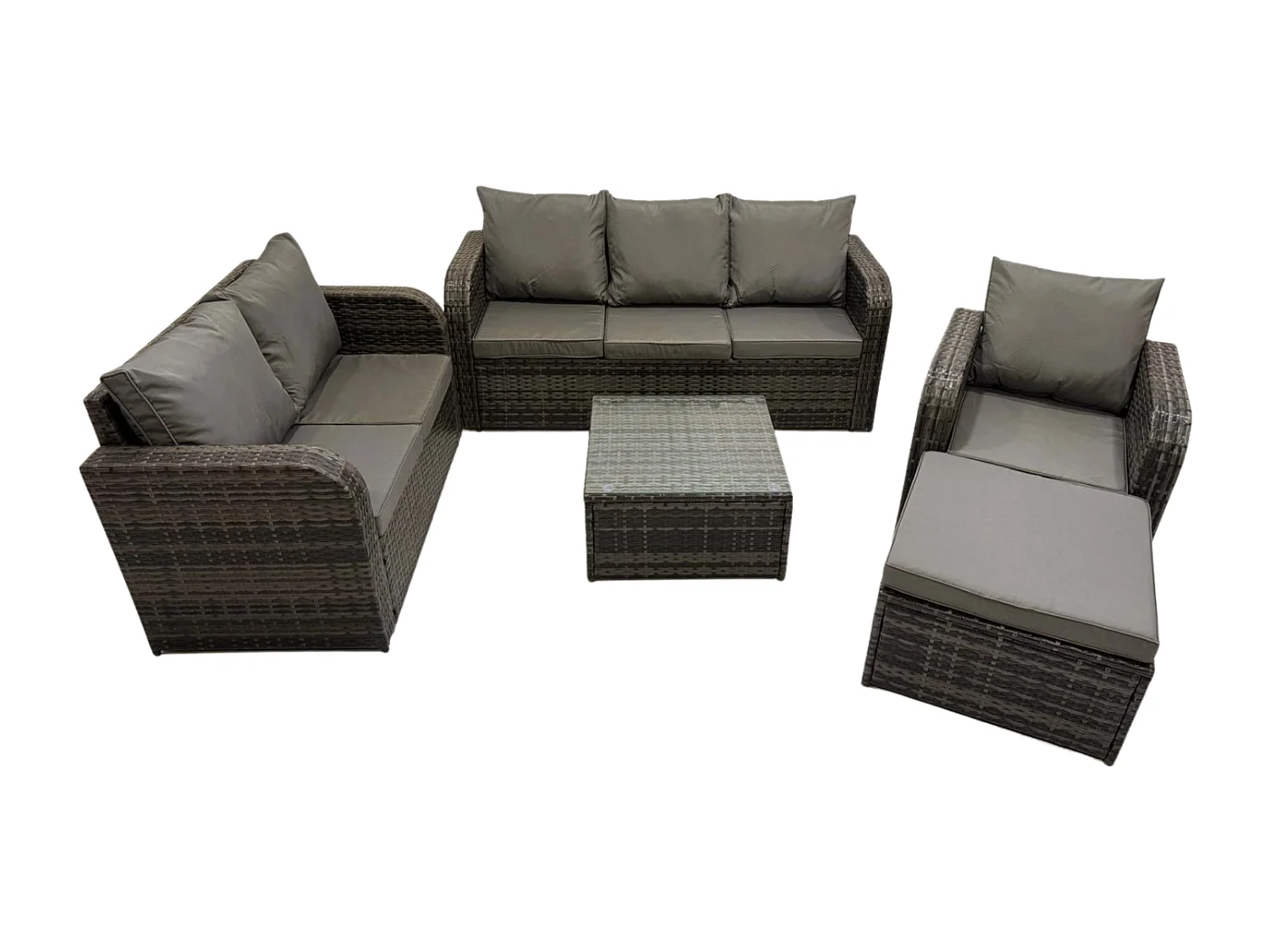 Rattan-Gartenmöbel 5 Stück Terrassenset mit Tisch und Sofa Quadratischer Couchtisch Liegestühle Loveseat sofa 2 Großer Hockern