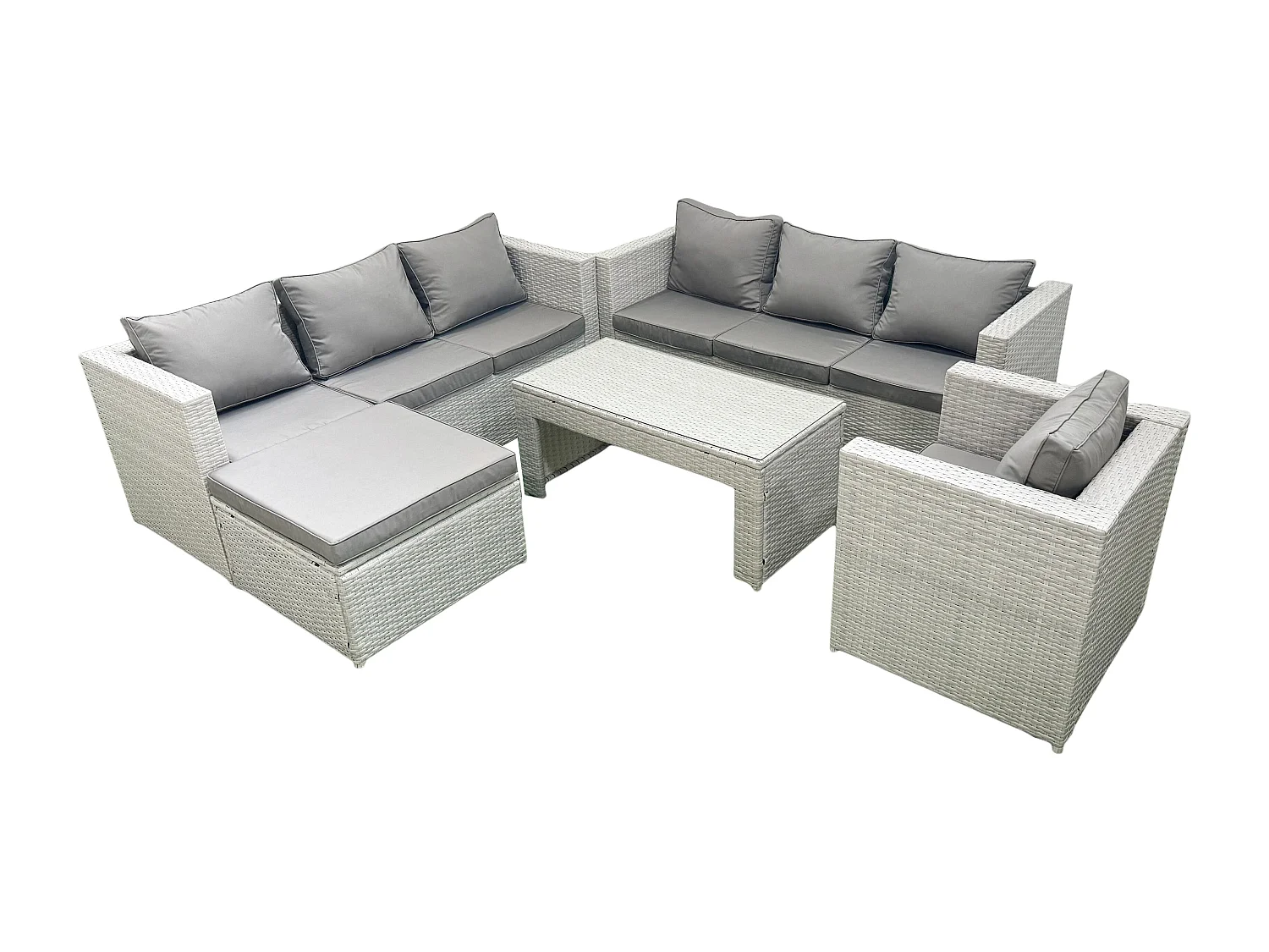 Meubles d'extérieur en rotin avec Table basse oblongue Fauteuil Grand tabouret Gris clair mixte