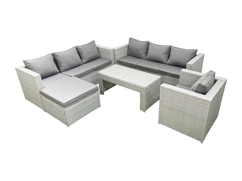 Meubles d'extérieur en rotin avec Table basse oblongue Fauteuil Grand tabouret Gris clair mixte