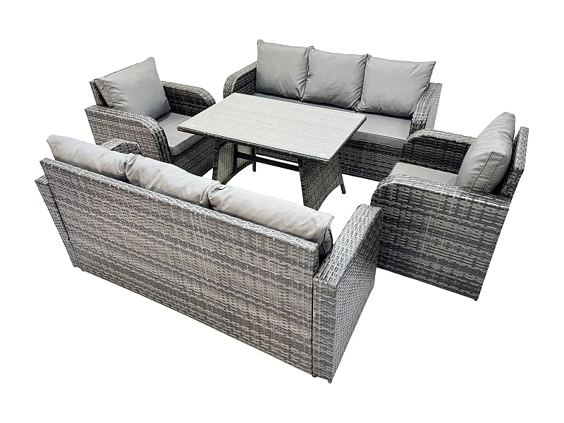 8-Sitzer Rattan Gartenmöbel Sofa Set Tisch & Stühle Set mit 3-Sitzer Sofa Rechteckiger Esstisch Dunkelgrau Gemischt