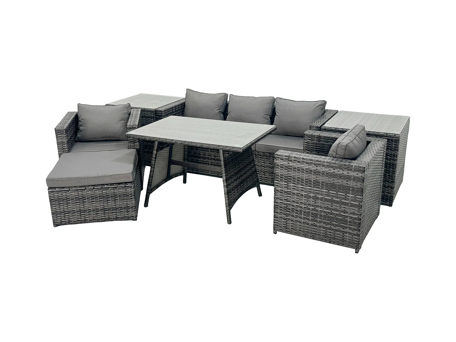 6-Sitzer Gartenmöbel Lounge Sofa Set mit Rechteckiger Esstisch 2 Beistelltischen 2 Großer Hockern 2 Sesseln Dunkelgrau Gemischt