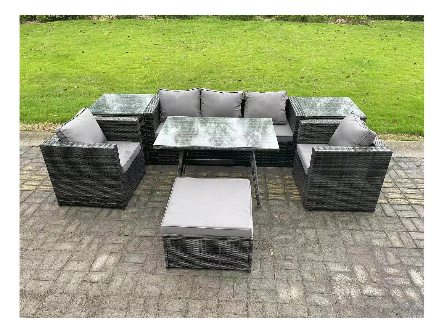 6-Sitzer Gartenmöbel Lounge Sofa Set mit Rechteckiger Esstisch 2 Beistelltischen 2 Großer Hockern 2 Sesseln Dunkelgrau Gemischt