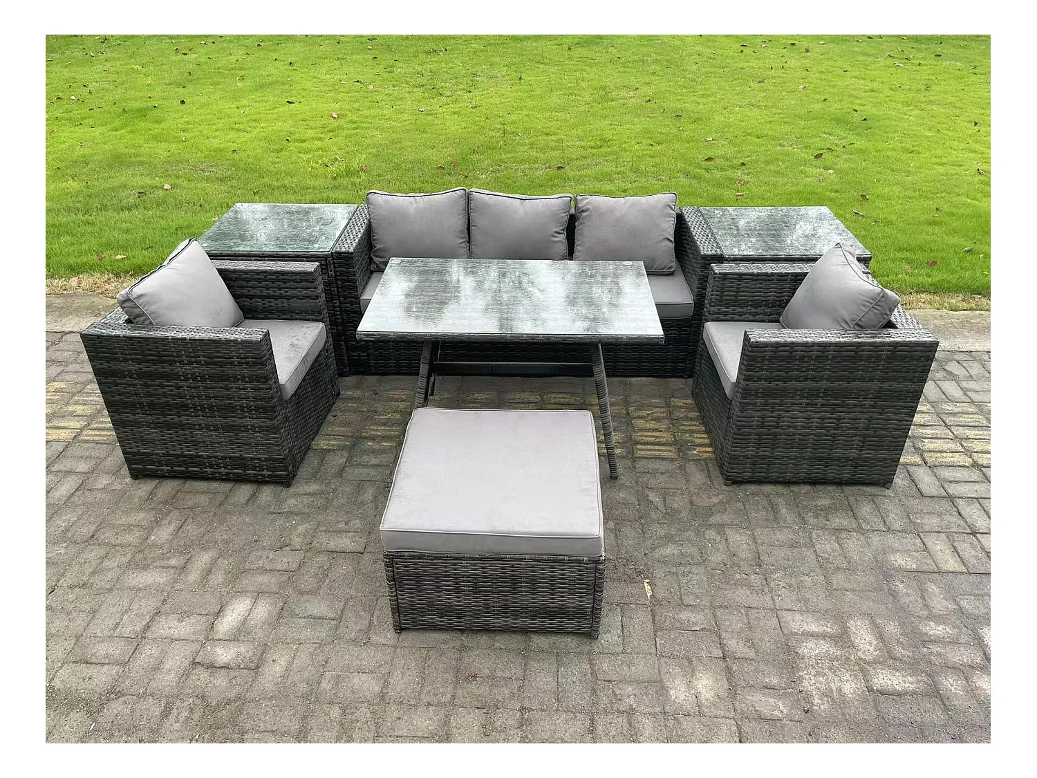 6-Sitzer Gartenmöbel Lounge Sofa Set mit Rechteckiger Esstisch 2 Beistelltischen 2 Großer Hockern 2 Sesseln Dunkelgrau Gemischt
