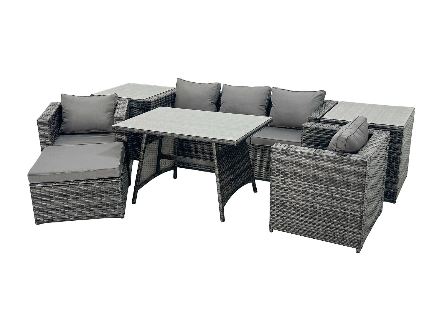 6 places Ensemble Repas de Jardin Exterieur avec Table à manger 2 Tables d'appoint Grand tabouret 2 Fauteuil Gris foncé mixte