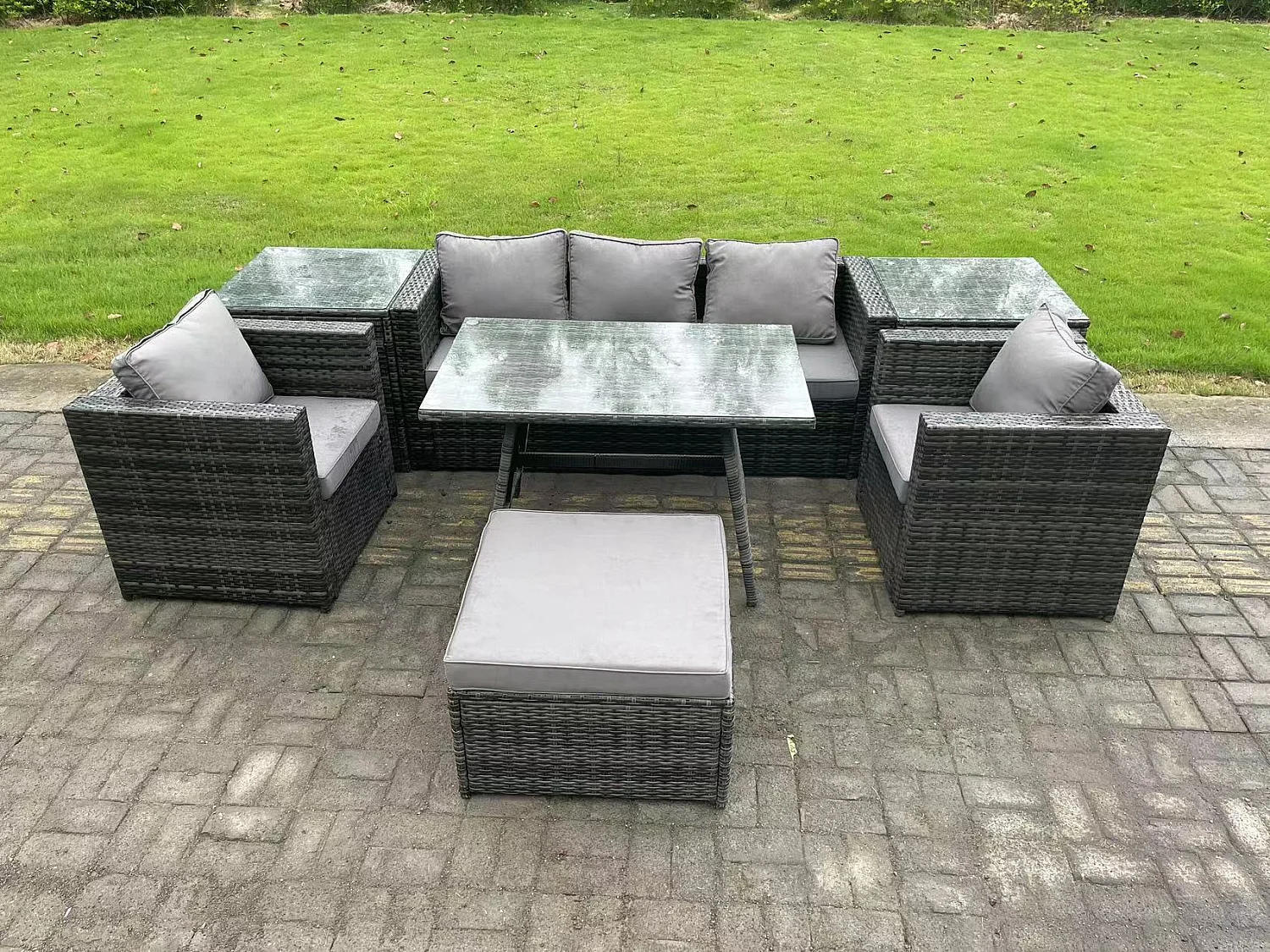 6 places Ensemble Repas de Jardin Exterieur avec Table à manger 2 Tables d'appoint Grand tabouret 2 Fauteuil Gris foncé mixte