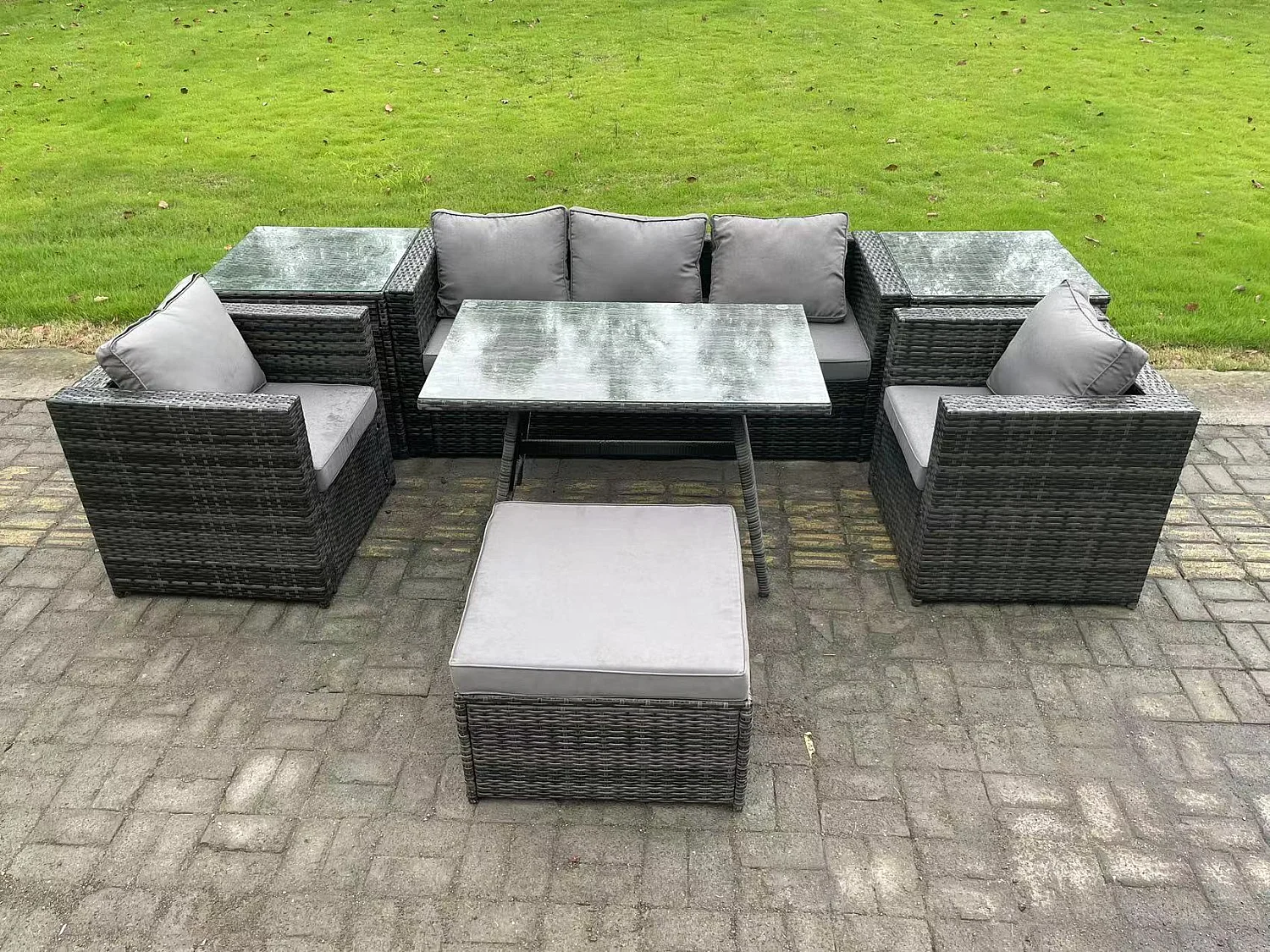 6 places Ensemble Repas de Jardin Exterieur avec Table à manger 2 Tables d'appoint Grand tabouret 2 Fauteuil Gris foncé mixte