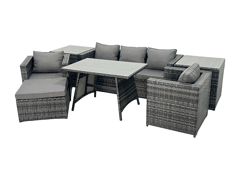 6 places Ensemble Repas de Jardin Exterieur avec Table à manger 2 Tables d'appoint Grand tabouret 2 Fauteuil Gris foncé mixte
