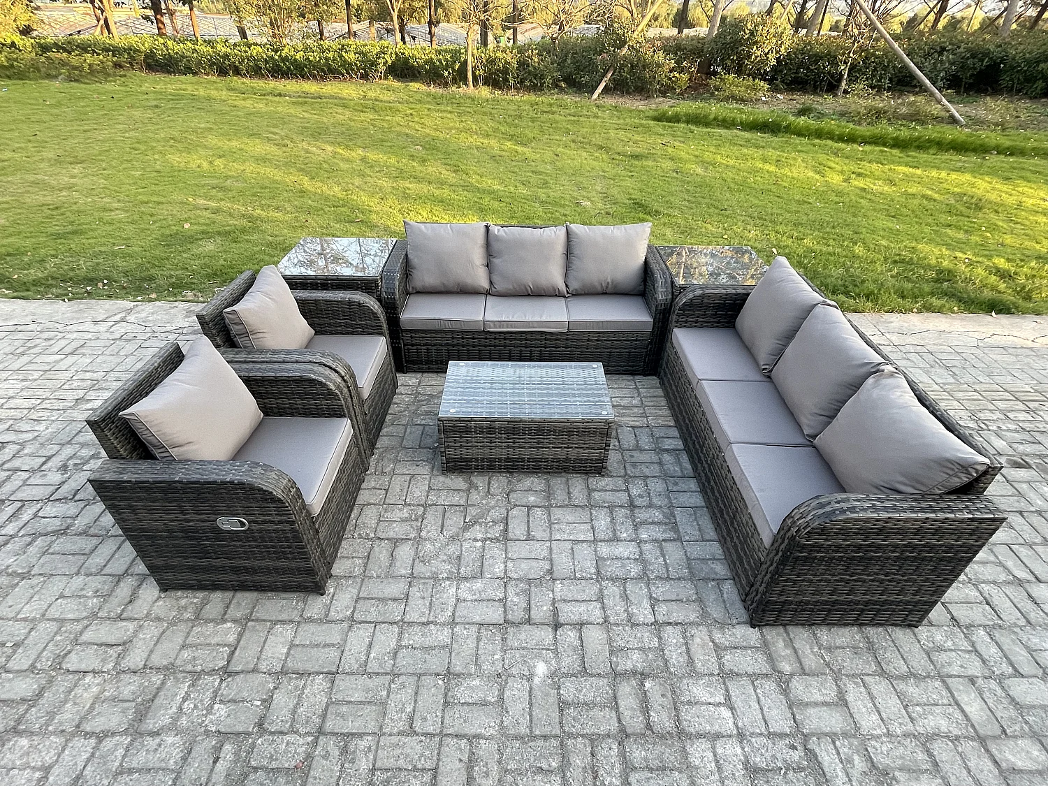 Ensemble de canapés en rotin avec Canapé 3 places Chaise inclinable 2 Tables d'appoint Gris foncé mixte