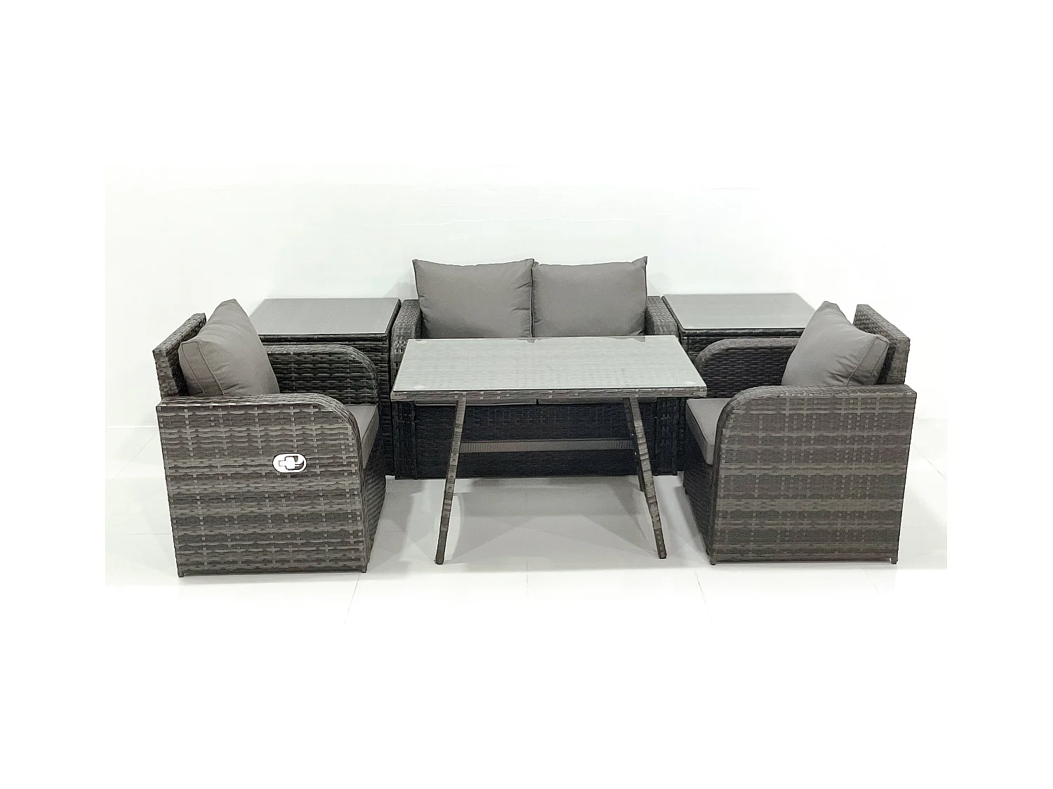 Gartenmöbel-Set Rattan Sofa Esstisch Set mit Liegestühle 2 Beistelltischen Dunkelgrau Gemischt